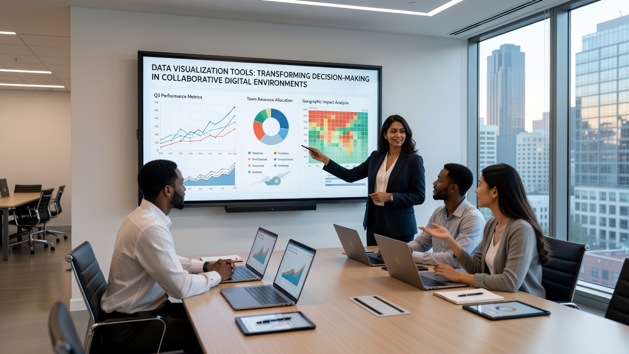 Interactive data visualization session with team members contributing annotations to a shared dashboard in a hybrid meeting environment